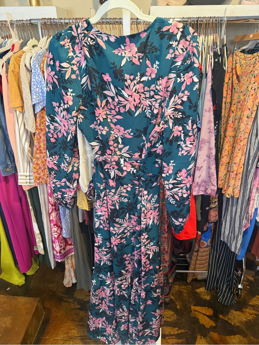 NWOT Bar III Teal Maxi Wrap Dress with Pink Floral Pattern - Picture 6 of 8
